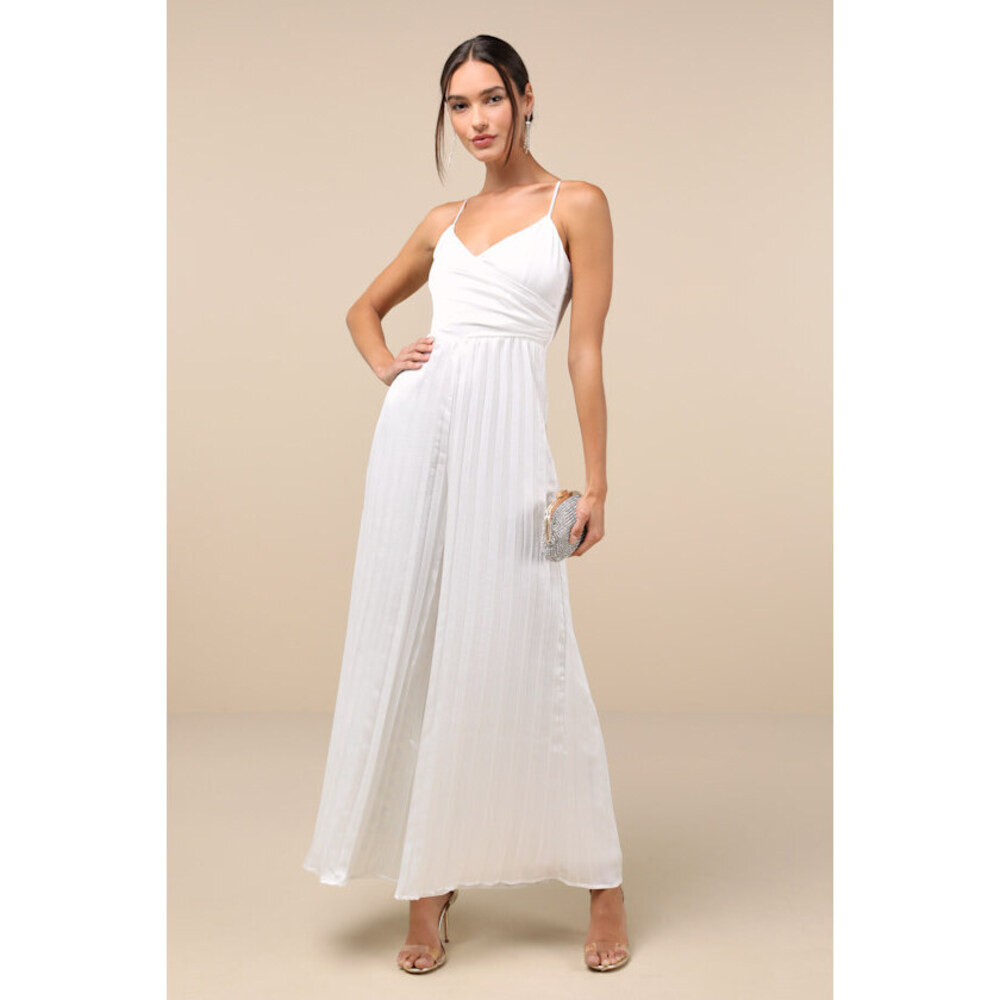 Lulus Memorably Sophisticated White Satin Pleated Backless Jumpsuit - Size S